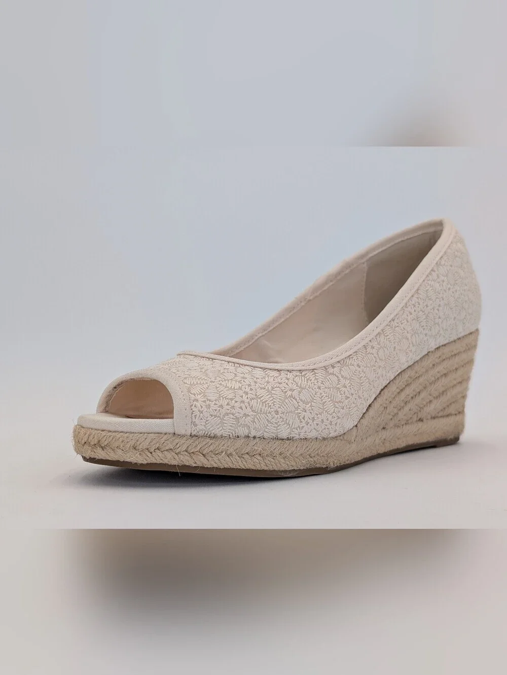 Bandolino Nuri Sz 6.5M Natural Linen Floral Espadrille Jute-Wrapped Wedge Sandal